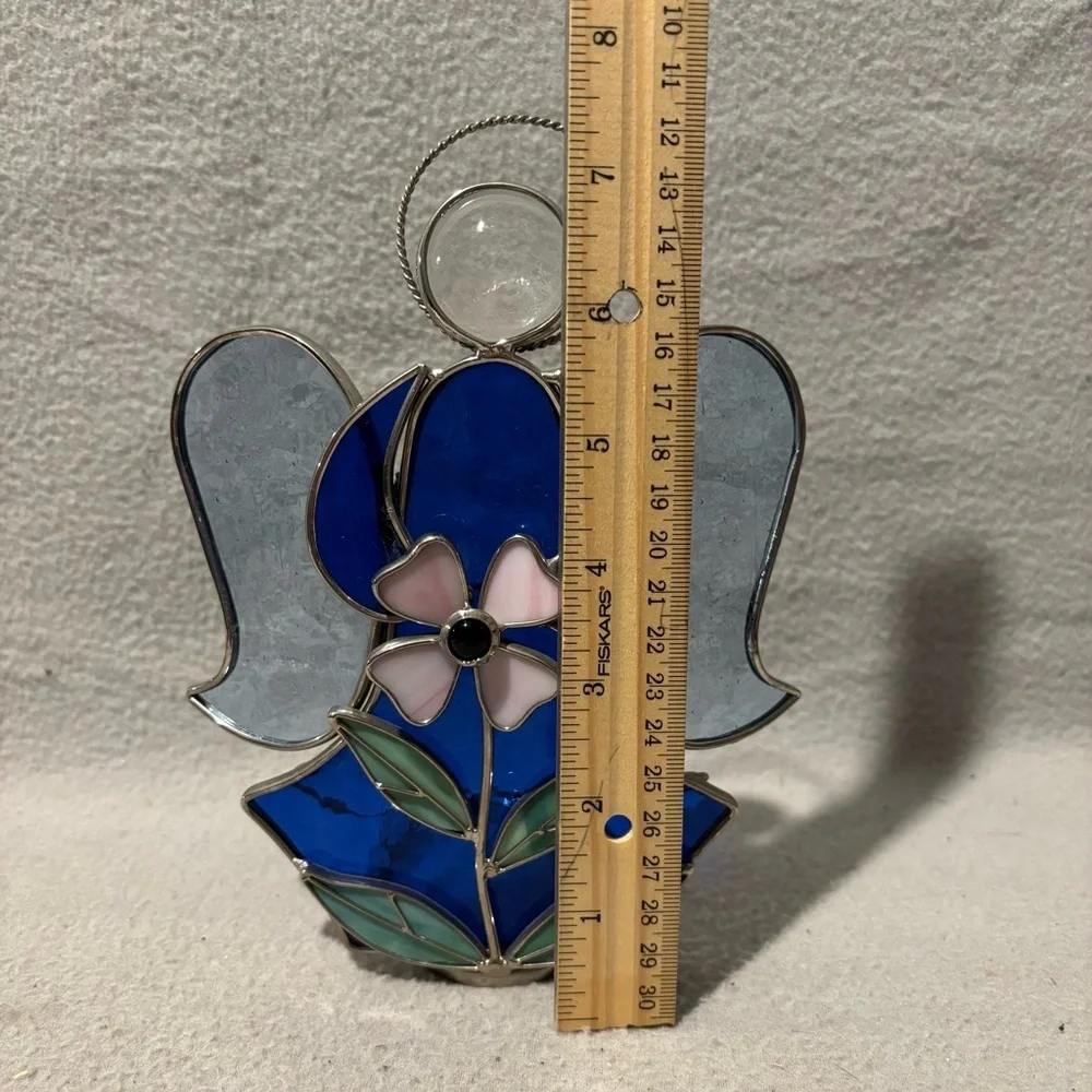 Vintage Heavenly Stained Glass Angel Tealight Candle Holder Blue with flower